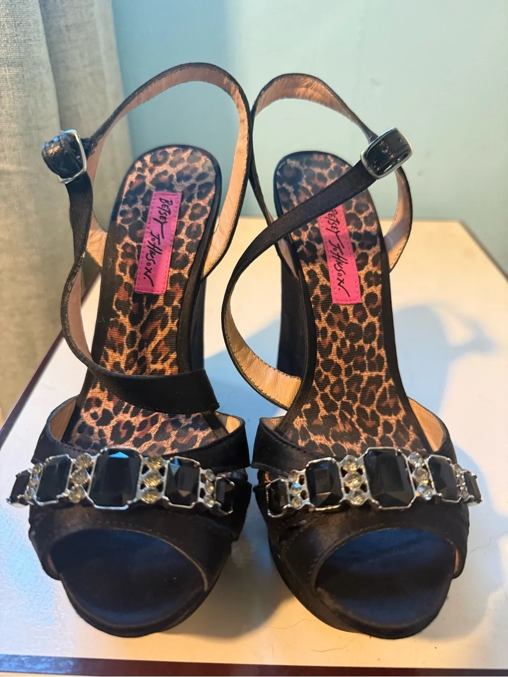 Betsey Johnson Black Jeweled Leopard-Insole Strappy Heels